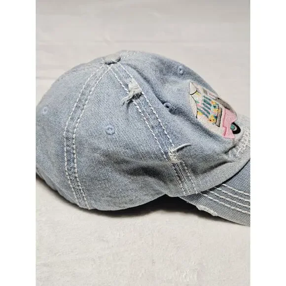 Kbethos Vintage Happy Camper Baseball Cap Hat Denim Distressed Embroidered EUC w - Picture 5 of 8